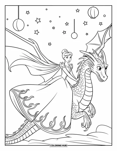 Dibujo de princesas para colorear para niños: Una princesa con vestido de estampado de llamas monta un dragón por un cielo estrellado