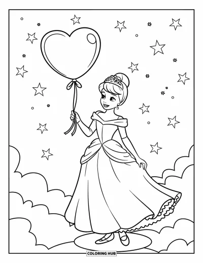 Dibujo de princesas para colorear para niños: Una princesa con vestido floral sostiene un globo de corazón sobre una nube esponjosa