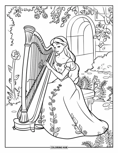 Dibujo de princesas para colorear para niños: Una princesa con vestido floral toca un arpa junto a un arco de piedra