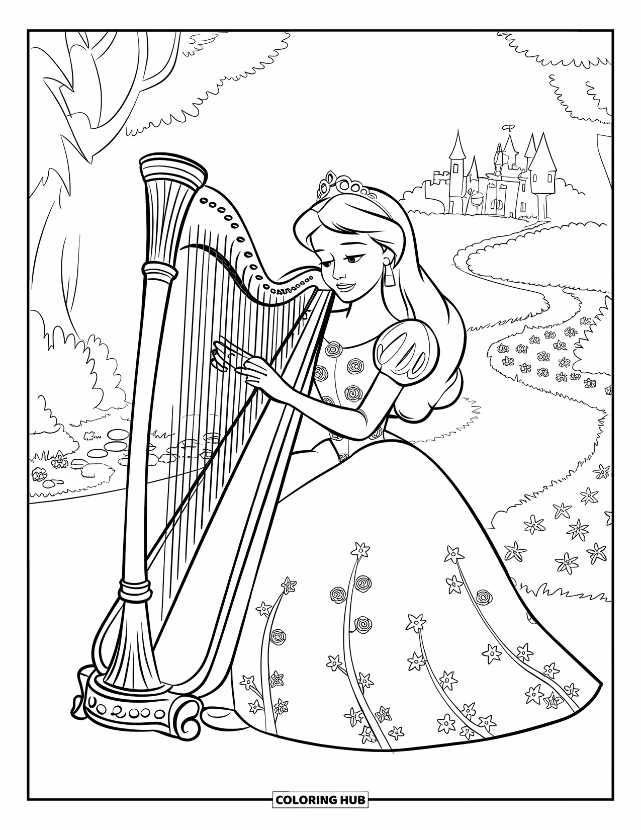 Princess Coloring Page for Kids: A princess in a floral gown plays a harp in a blooming garden