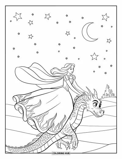 Dibujo de princesas para colorear para niños: Una princesa con vestido fluido monta un dragón por un cielo de estrellas
