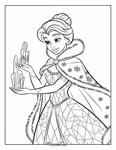 Dibujo de princesas para colorear para niños: Una princesa con vestido escarchado crea esculturas de hielo con un movimiento de sus manos