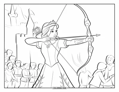 Dibujo de princesas para colorear para niños: Una princesa con vestido apunta su arco con precisión en un concurso de tiro con arco