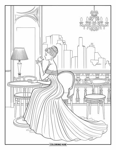 Dibujo de princesas para colorear para niños: Una princesa con vestido bebe té en una cafetería de ciudad de estilo vintage