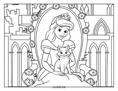Dibujo de princesas para colorear para niños: Una princesa con vestido se sienta con su gata mascota junto a un trono decorado con flores
