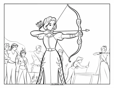 Dibujo de princesas para colorear para niños: Una princesa con vestido apunta en un concurso de tiro con arco ante una multitud