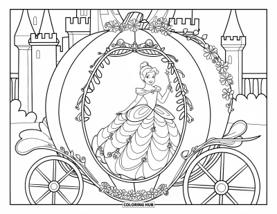 Dibujo de princesas para colorear para niños: Una princesa con vestido con detalles de gemas viaja en un carruaje de calabaza