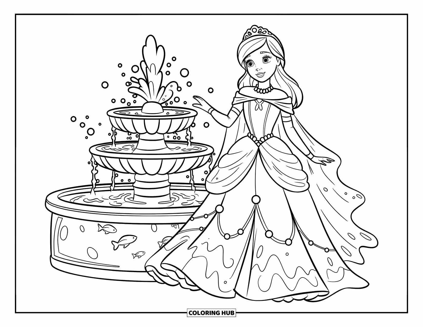 Princess Coloring Page for Kids: A princess in a gown with pearl details stands by a fountain with fish