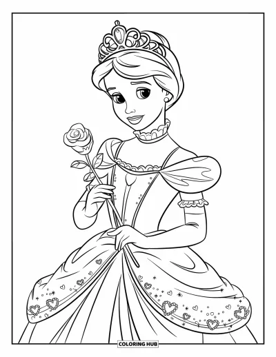 Dibujo de princesas para colorear para niños: Una princesa con corona de joyas sostiene una rosa con elegancia