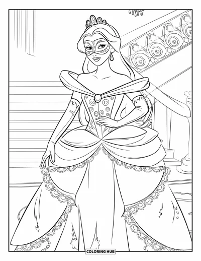 Dibujo de princesas para colorear para niños: Una princesa con vestido ribeteado de encaje asiste a un baile de máscaras con antifaz ornamentado