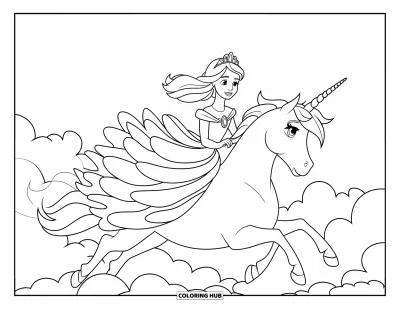 Dibujo de princesas para colorear para niños: Una princesa con vestido por capas monta un unicornio por el cielo