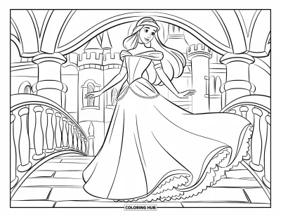 Dibujo de princesas para colorear para niños: Una princesa con vestido por capas y corona está de pie en un puente del castillo