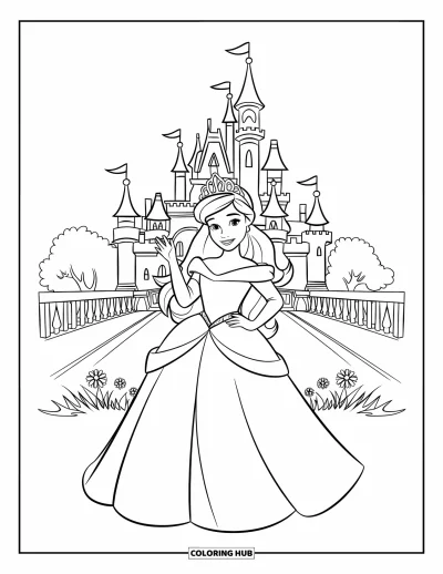 Dibujo de princesas para colorear para niños: Una princesa con vestido por capas saluda con elegancia junto a un jardín del castillo