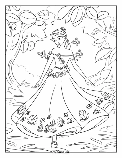 Dibujo de princesas para colorear para niños: Una princesa con vestido estampado de hojas camina con mariposas por un bosque místico