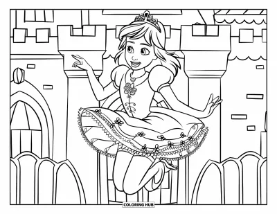 Dibujo de princesas para colorear para niños: Una princesa con vestido estampado salta feliz junto a un castillo
