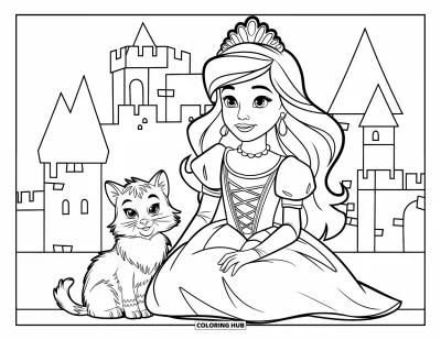 Dibujo de princesas para colorear para niños: Una princesa con vestido estampado se sienta con su gato esponjoso cerca de un castillo