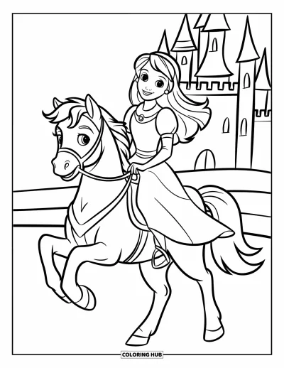 Dibujo de princesas para colorear para niños: Una princesa con vestido rosa monta un poni con un castillo de fondo