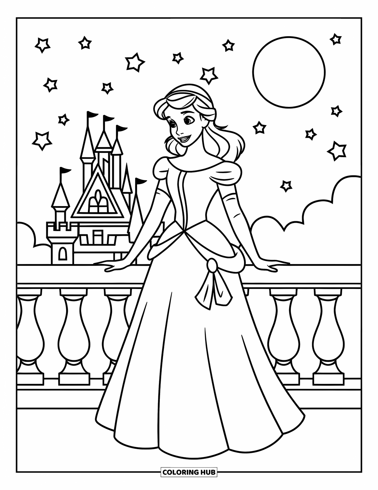 Princess Coloring Page for Kids: A princess in a pink dress stands on a balcony with stars and a moon above
