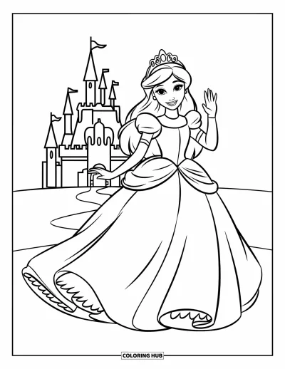 Dibujo de princesas para colorear para niños: Una princesa con vestido esponjado saluda feliz junto a un castillo sencillo