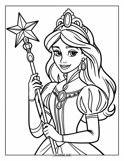 Dibujo de princesas para colorear para niños: Una princesa con vestido real sostiene un cetro adornado con gemas