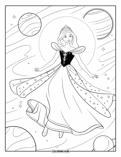 Dibujo de princesas para colorear para niños: Una princesa con vestido estrellado se desliza con elegancia entre planetas