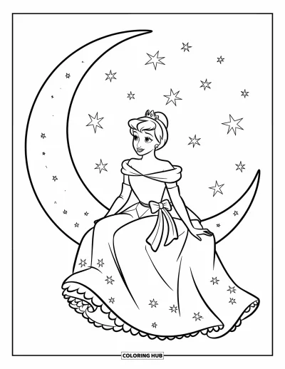 Dibujo de princesas para colorear para niños: Una princesa con vestido estrellado se sienta en una luna creciente bajo un cielo nocturno
