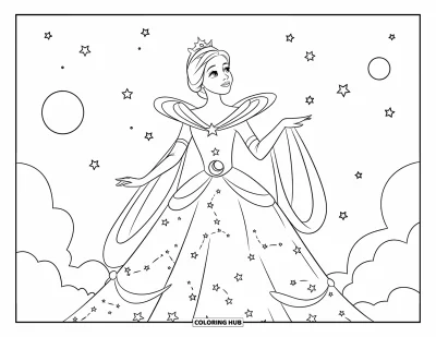 Dibujo de princesas para colorear para niños: Una princesa con vestido estrellado está de pie sobre una nube, admirando el cielo nocturno