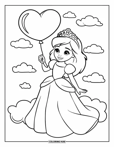 Dibujo de princesas para colorear para niños: Una princesa con tiara sostiene un globo de corazón mientras está de pie sobre una nube