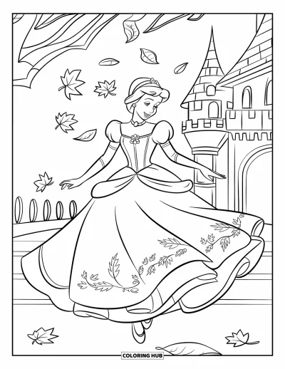 Dibujo de princesas para colorear para niños: Una princesa con vestido de detalles aterciopelados gira entre hojas de otoño que caen