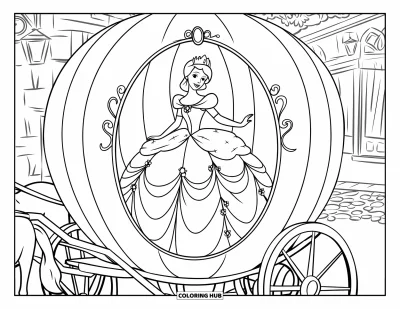Dibujo de princesas para colorear para niños: Una princesa con vestido voluminoso viaja en un gran carruaje de calabaza
