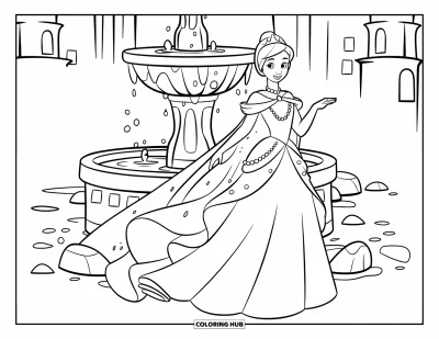 Dibujo de princesas para colorear para niños: Una princesa con vestido inspirado en el agua está cerca de una fuente con burbujas