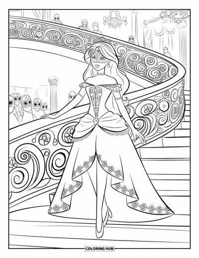 Dibujo de princesas para colorear para niños: Una princesa con elegante antifaz gira con gracia en un baile de máscaras