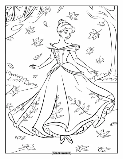 Dibujo de princesas para colorear para niños: Una princesa con vestido bordado baila bajo hojas de otoño