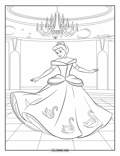Dibujo de princesas para colorear para niños: Una princesa con vestido de hombros descubiertos baila con elegancia en un salón de baile