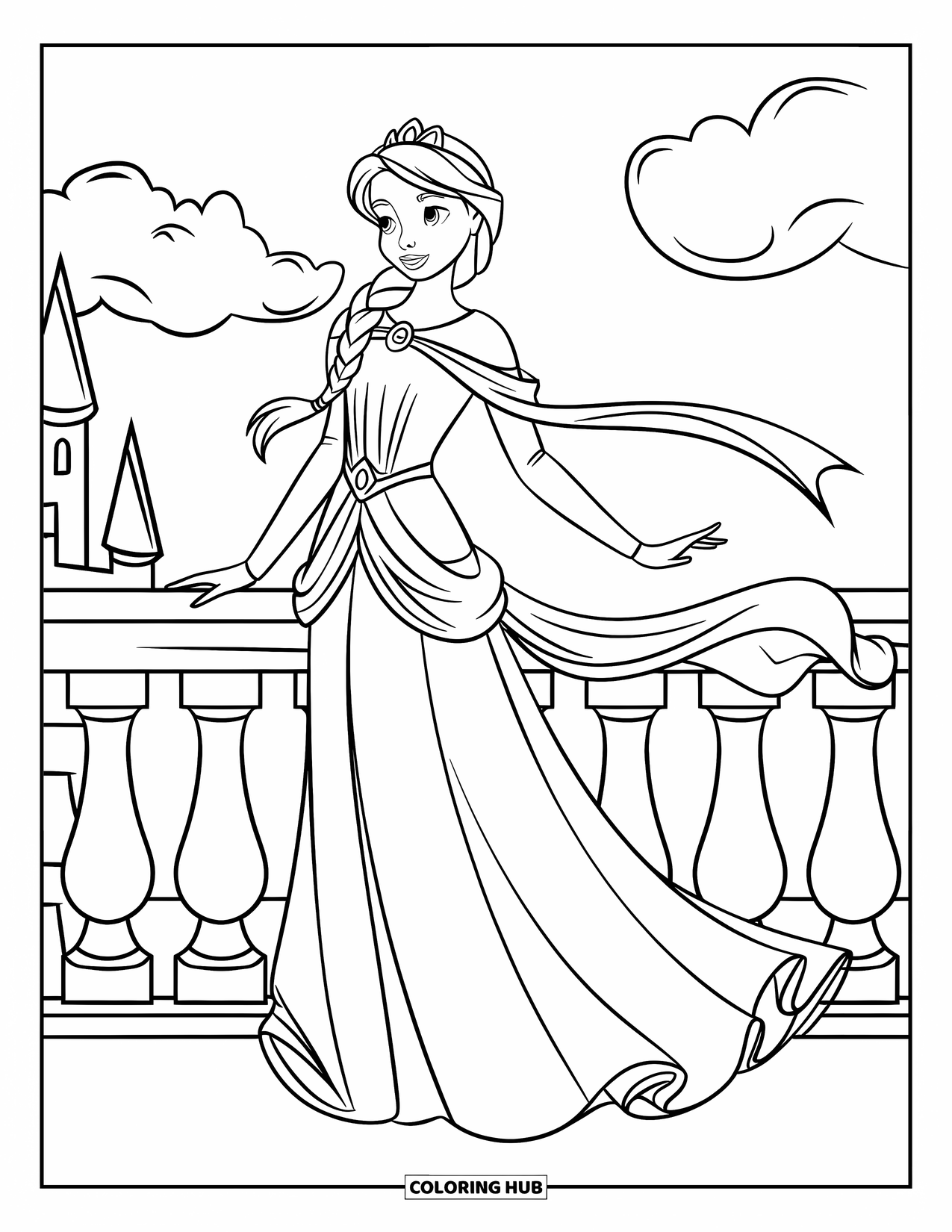 Princess Coloring Page for Kids: A princess in soft pleats and a golden belt stands on a balcony