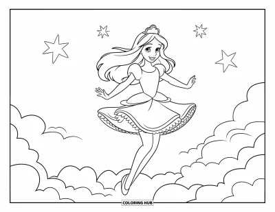 Dibujo de princesas para colorear para niños: Una princesa salta emocionada con un vestido con volantes, rodeada de estrellas