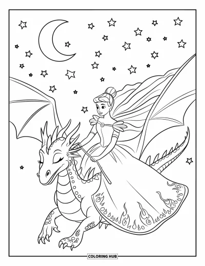 Dibujo de princesas para colorear para niños: Una princesa sobre un dragón vuela por un cielo nocturno estrellado