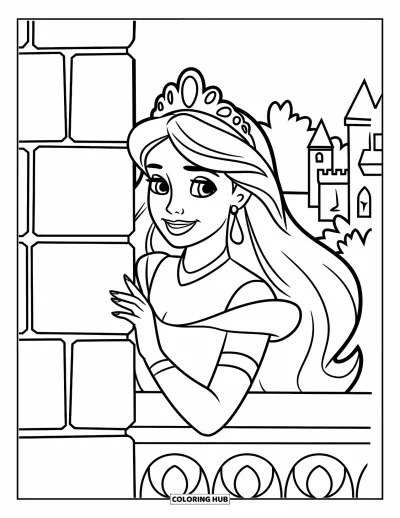 Dibujo de princesas para colorear para niños: Una princesa se asoma de forma juguetona detrás de un muro del castillo