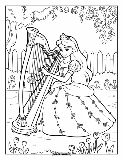 Dibujo de princesas para colorear para niños: Una princesa toca un arpa con vestido floral en un jardín real