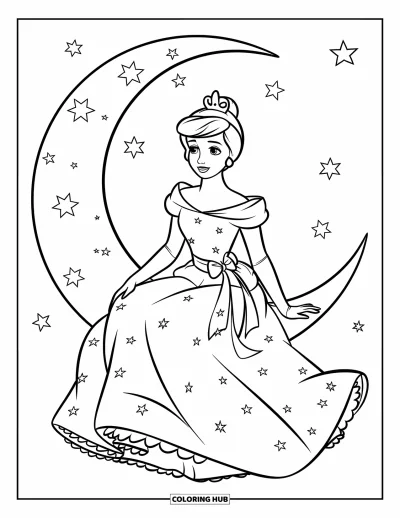 Dibujo de princesas para colorear para niños: Una princesa se sienta en una luna creciente, rodeada de estrellas brillantes