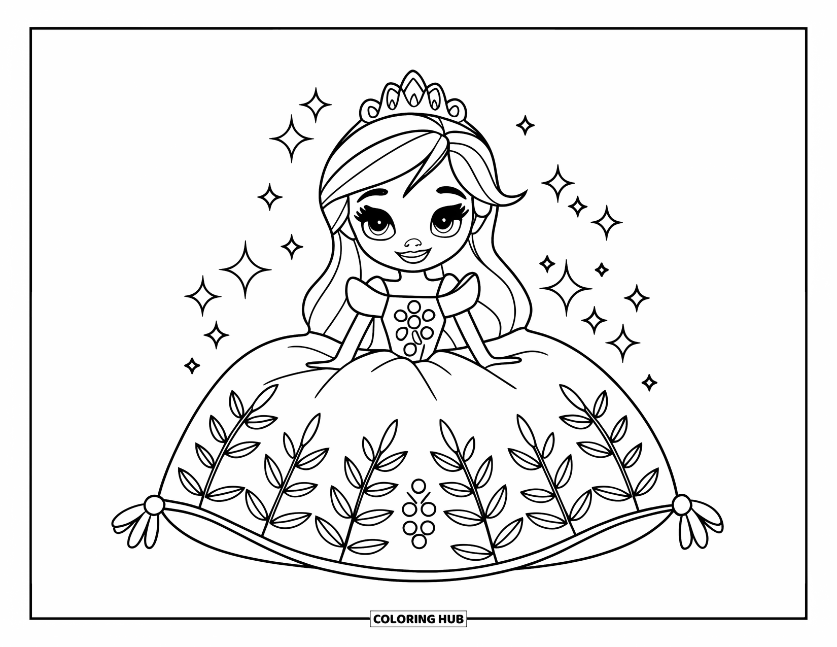 Princess Coloring Page for Kids: A princess sits on a sparkly pillow surrounded by stars and hearts
