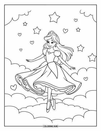 Dibujo de princesas para colorear para niños: Una princesa gira con un vestido tipo tutú sobre una nube con corazones y estrellas