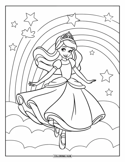 Dibujo de princesas para colorear para niños: Una princesa gira con vestido tipo tutú sobre una nube con estrellas y un arcoíris