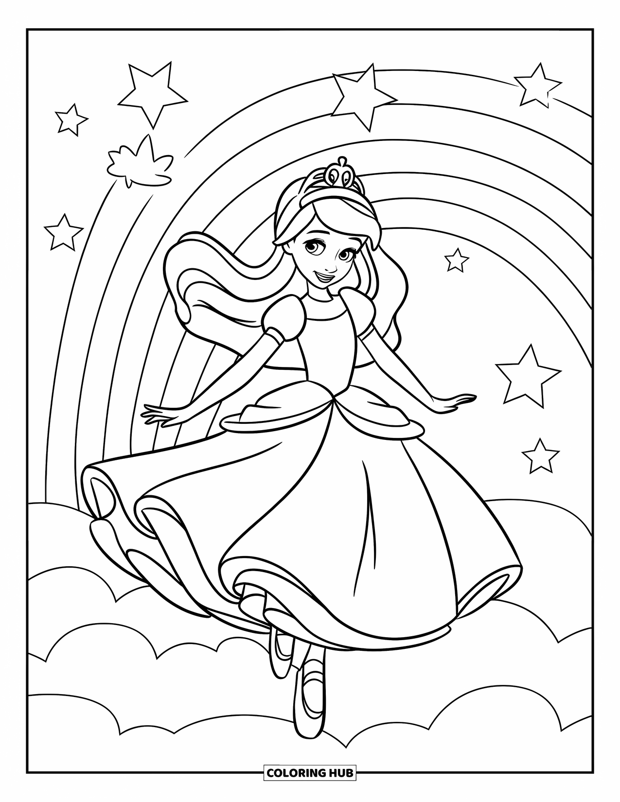 Princess Coloring Page for Kids: A princess twirls in a tutu-like dress on a cloud with stars and a rainbow
