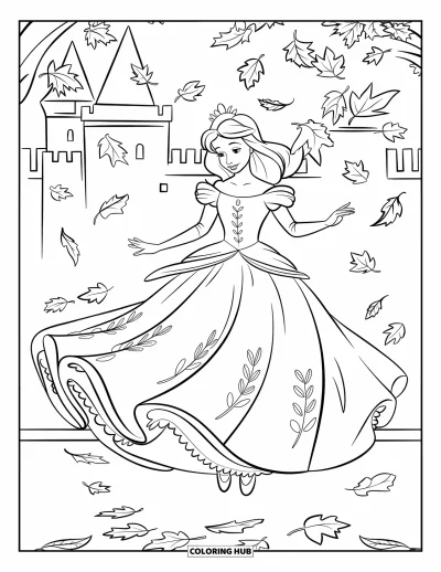 Dibujo de princesas para colorear para niños: Una princesa gira bajo hojas que caen con un vestido de estampado de hojas
