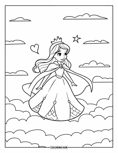 Dibujo de princesas para colorear para niños: Una princesa con capa y corona está de pie sobre una nube con estrellas arriba