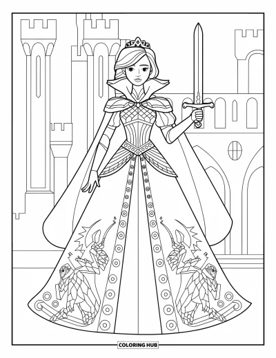 Dibujo de princesas para colorear para niños: Una princesa con capa sostiene una espada y transmite la fuerza de una reina guerrera