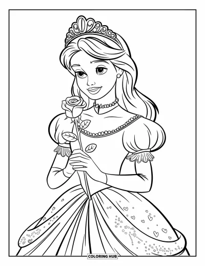 Dibujo de princesas para colorear para niños: Una princesa con corona y rosa lleva un vestido con detalles de encaje
