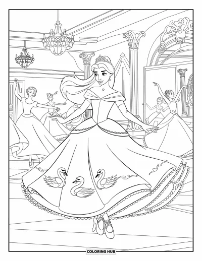 Dibujo de princesas para colorear para niños: Una princesa con corona baila con elegancia en un gran salón