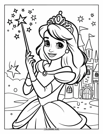 Dibujo de princesas para colorear para niños: Una princesa con corona sostiene una varita mágica con estrellas y un castillo detrás
